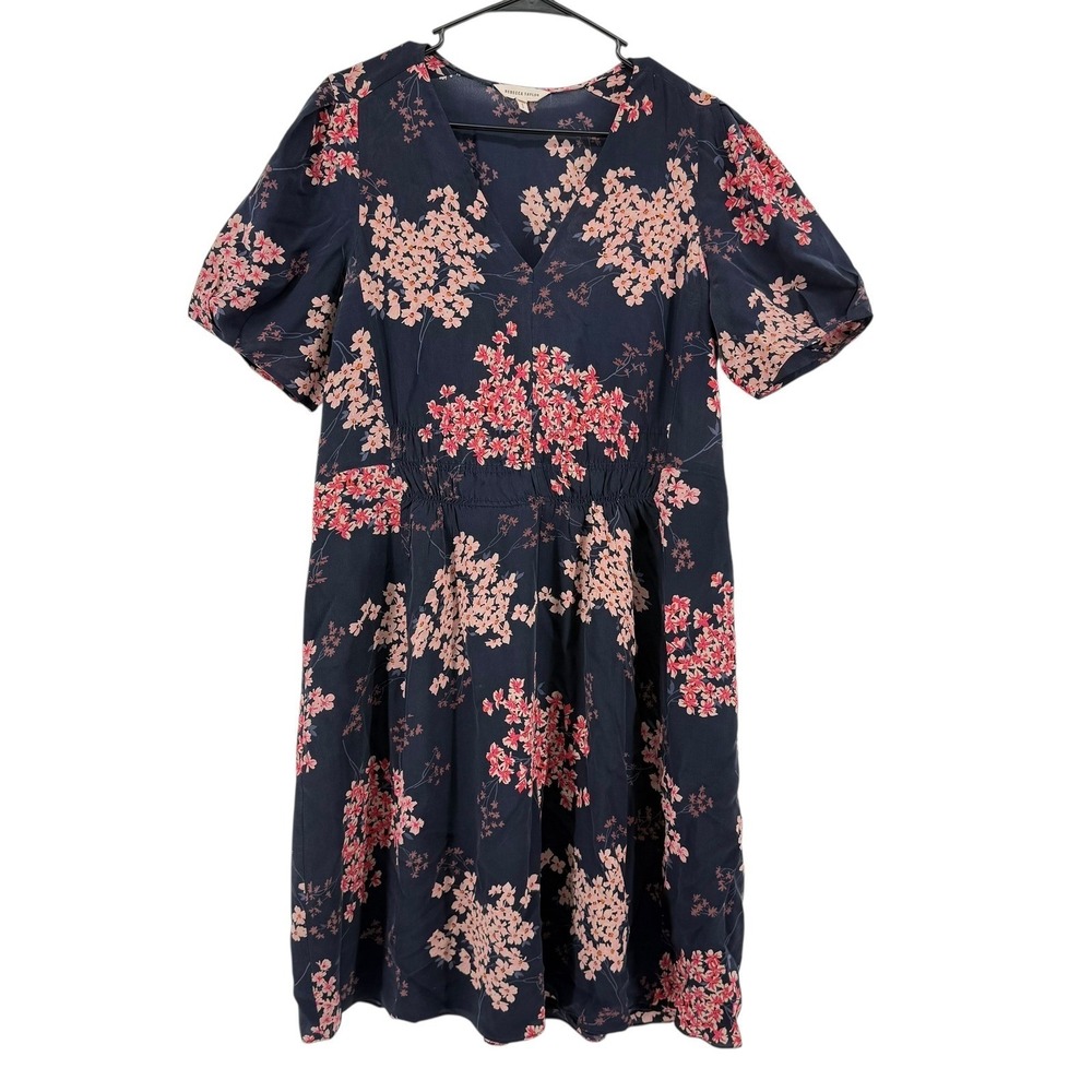 Rebecca Taylor Phlox Navy Floral Silk V-Neck Puff Sleeve Mini Dress Size 8